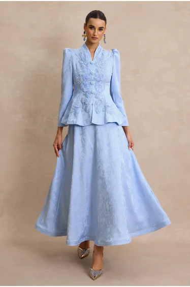 Nail Bead Embroidery Jacquard Top & High Waist Midi Skirt Set