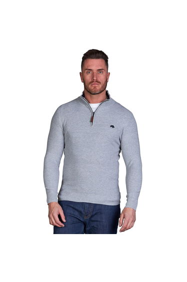 Raging Bull Mens Classic Ribbed Textured Quarter Zip Jumper - Grey Marl