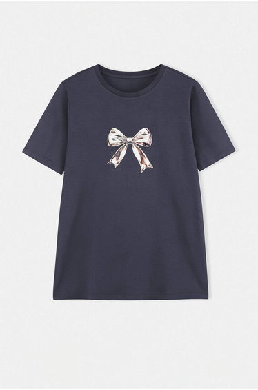 Anthracite Regular Fit Bowknot Printed Plus Size T-Shirt