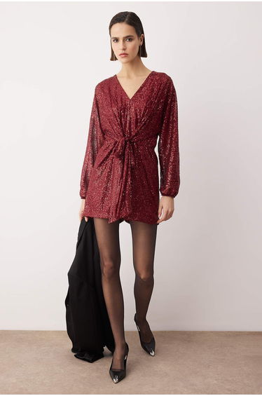 Burgundy plain double-breasted long shimmer knit sequin chic jumpsuit