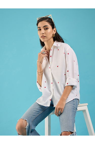 White Embroidered Heart Cotton Shirt
