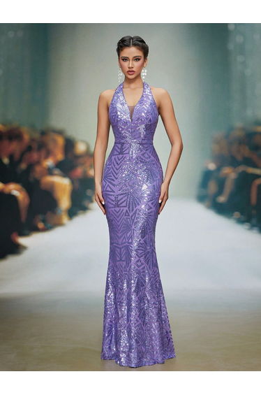Leely Lavender Halter V-Neck Sequin Mermaid Prom Dress