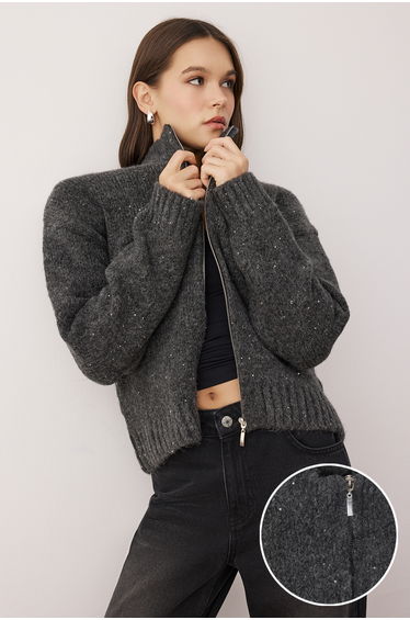 Anthracite Zippered Stand Collar Soft Textured Sequined Knitwear Cardigan