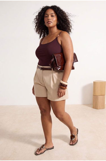 Brown Square Neck Spaghetti Strap Bead Detailed Knitted Large Size Undershirt
