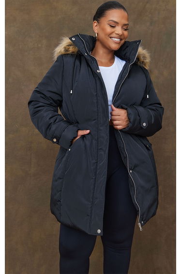 Plus Black Fur Hood Elasticated Waist Longline Parka Coat