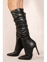 LONDYN STILETTO RUCHED KNEE HIGH BOOTS WITH POINTED TOE IN BLACK FAUX LEATHER
