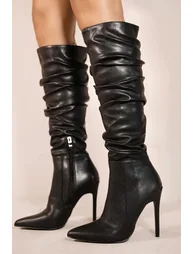 LONDYN STILETTO RUCHED KNEE HIGH BOOTS WITH POINTED TOE IN BLACK FAUX LEATHER - 1