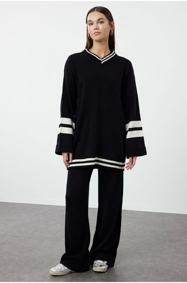 Black Color Block Striped Knitwear Top-Bottom Skirt Sweater Suit