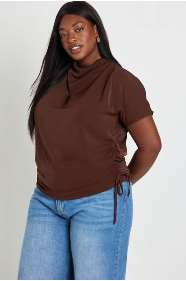 Plus Side Drape Tie Detail Blouse - chocolate