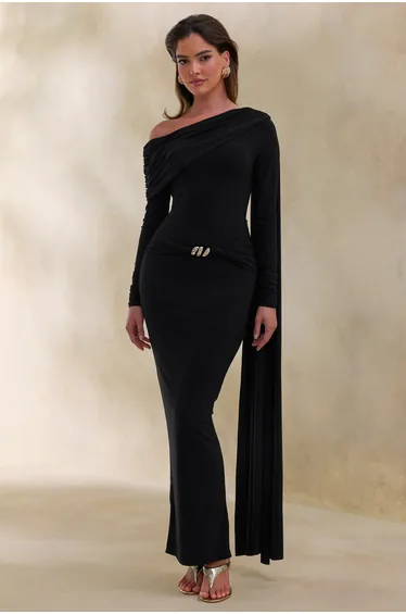 Bessy | Black Asymmetric-Neck Maxi Dress With Gathered-Detailing And Sash