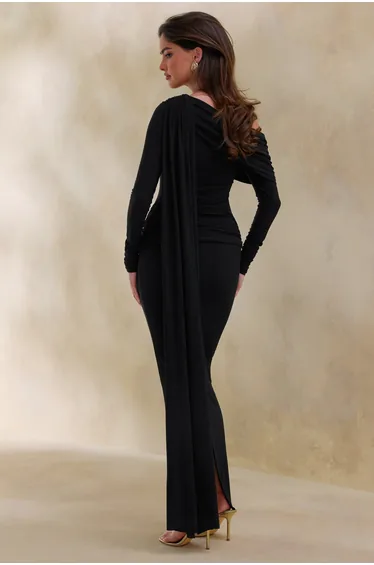 Bessy | Black Asymmetric-Neck Maxi Dress With Gathered-Detailing And Sash