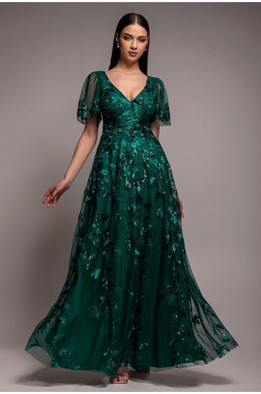 Flared Sleeve Embroidered Maxi Dress - Emerald Green by Goddiva