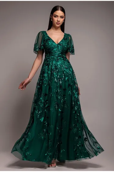 Flared Sleeve Embroidered Maxi Dress - Emerald Green by Goddiva