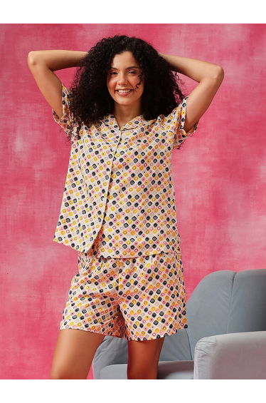 Geometric Print Button Down Shirt and Shorts Set
