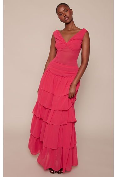 Fuchsia Bardot Drop Waist Tiered Maxi Dress