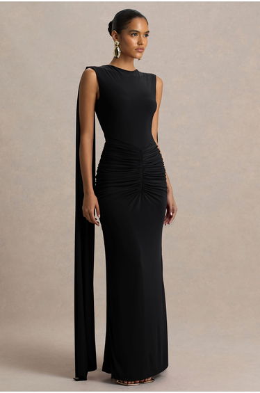 Premiere | Black Boat-Neck Maxi Dress With Open-Back And Cape-Sleeves