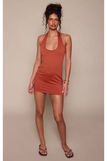 Rust Striped Halterneck Bodycon Dress