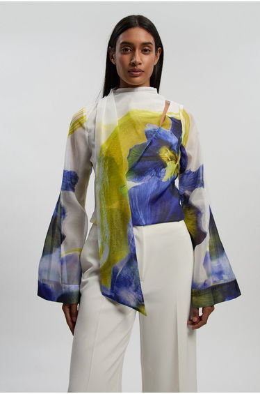 Photographic Floral Organza Scarf Detail Woven Flute Sleeve Blouse