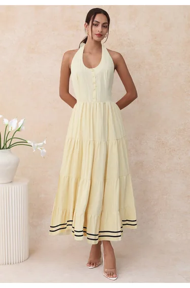 فستان بكشكش بربطة بياقة هالتر بحواف مخططة - أصفر