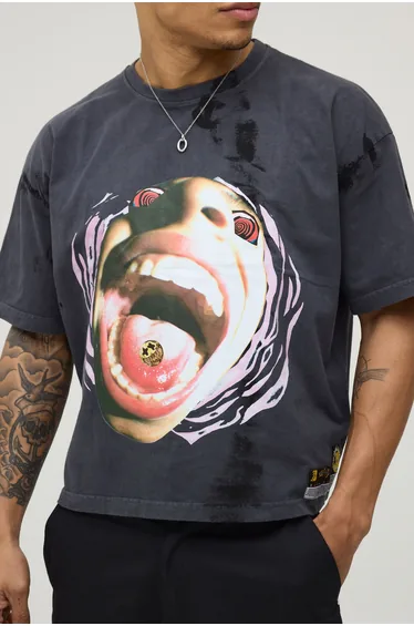 Oversized Boxy Heavyweight Tie Dye Face Graphic T-Shirt - black