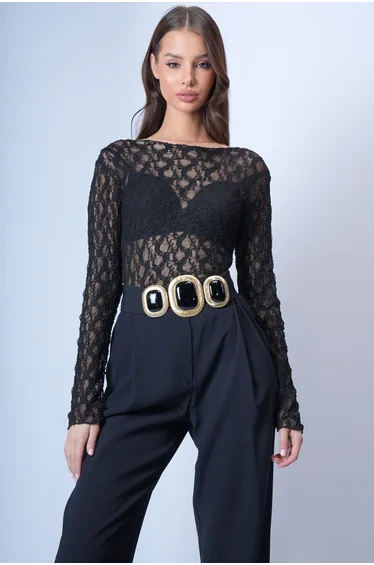 Women's Black Boat Neck See-Through Lace Blouse
