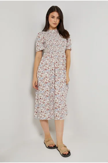 Petite Cream Floral Shirred Bodice Drop Waist Midi Dress