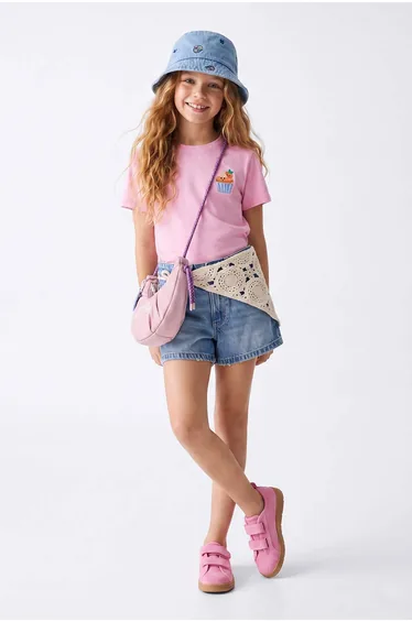 Pink Girls Printed Knitted T-Shirt