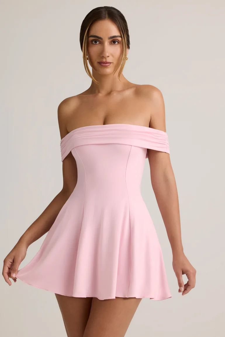 mini women's light pink off the shoulder dress Dress With Sleeves Pink Mini Dress Long Sleeve Off Shoulder Frill Mesh Ally Fashion 100% Polyester Lining Satin Off Shoulder Dress in