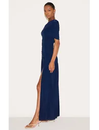 فستان ماكسي بطبقة مزدوجة مزموم بكتف واحد - كحلي - 2