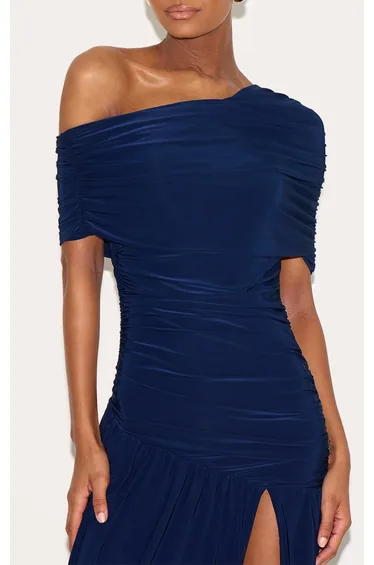 فستان ماكسي بطبقة مزدوجة مزموم بكتف واحد - كحلي