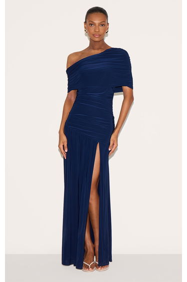 Navy Double Layer Slinky Bardot One Shoulder Ruched Maxi Dress