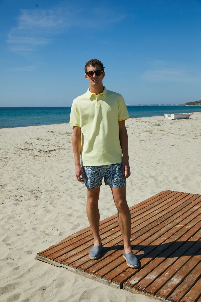 GRIMELANGE LAPORTE Men's Textured Fabric Slim Fit Yellow Polo Collar T-shirt