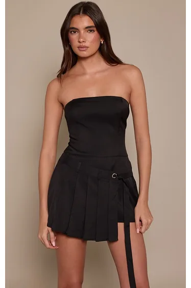 Black Woven Tie Detail Pleated Skort Playsuit