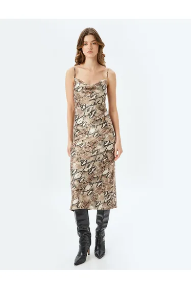 Snakeskin Look Midi Cowl Neck Rope Strap Slip Dress