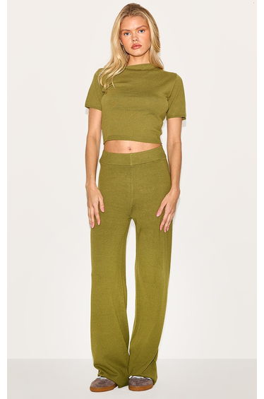 Olive Basic Knit Wide Leg Trousers