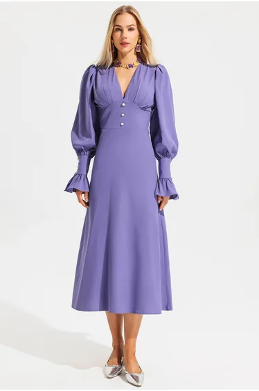 Solid V-Neck Lantern Sleeve Midi Dress