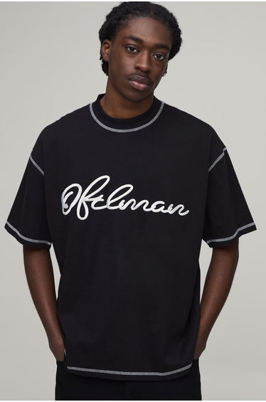 Oversized Exposed Seam Contrast Stitch Embroidered T-Shirt - black
