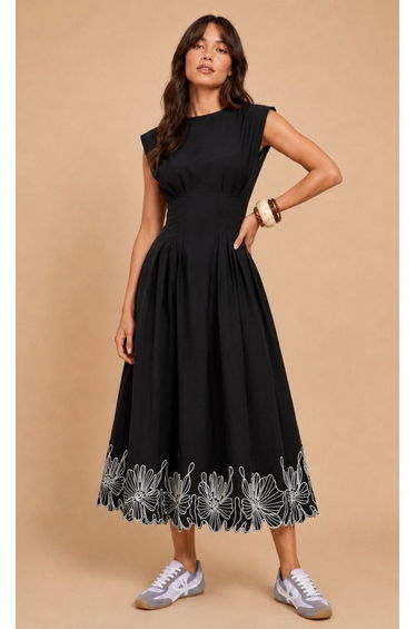 Black Sleeveless Embroidered Midi Dress