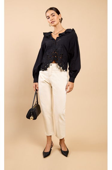 Black Embroidered Frill Top