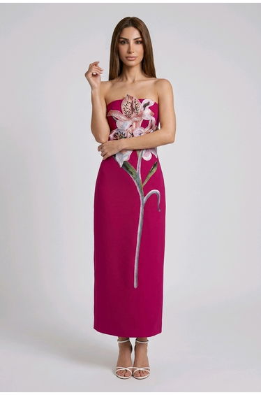 LYS RASPBERRY EMBROIDERED STRAPLESS MIDI DRESS