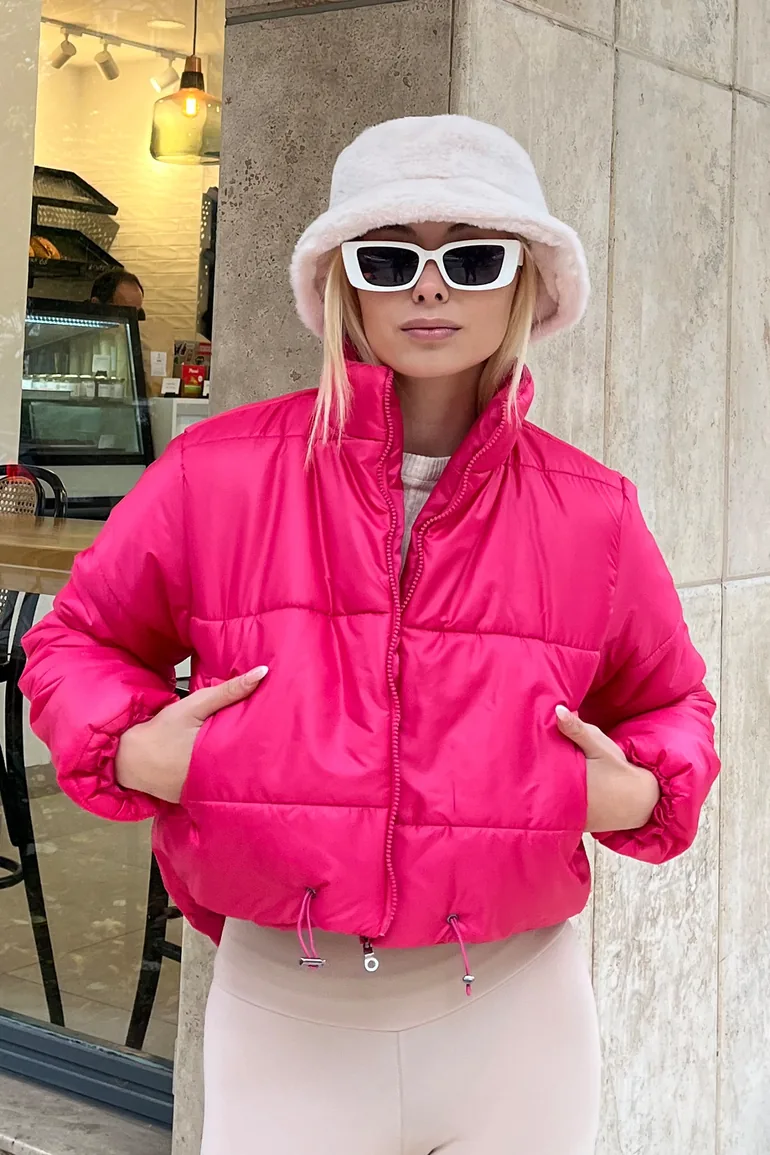 Women's Fuchsia Stand Collar Double Pocketed Inflatable Puffer Coat with Elastic Waist - 1
