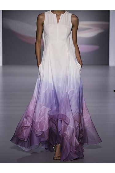A-Line Loose Floral Printed Gradient Split-Joint V-Neck Maxi Dresses