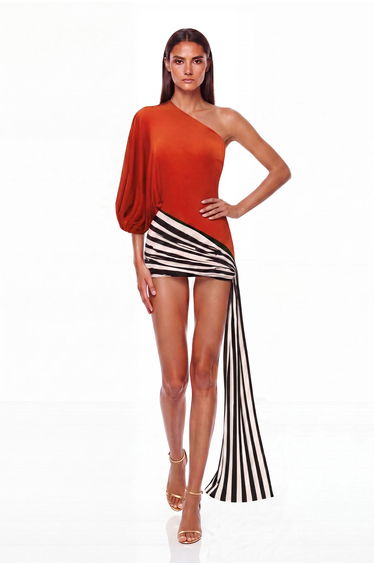 Kallistos Asymmetric Draped Stripe Mini Dress