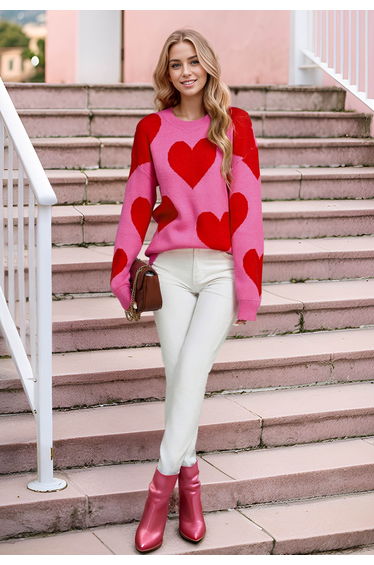 Soulful Heart Crew Neck Knit Sweater in Hot Pink