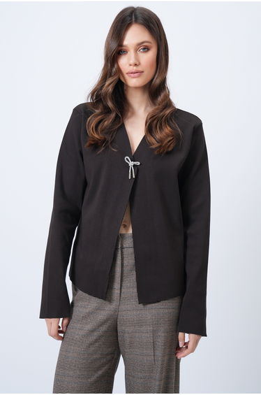 Women's Bitter Brown V-Neck Brooch Detailed Ottoban Cardigan