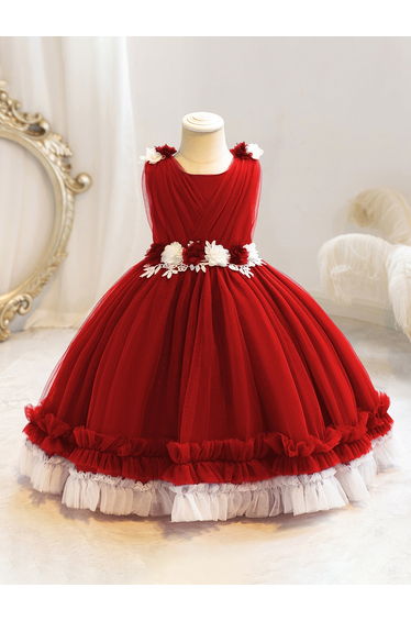 Girls Ruffle Hem Floral Detail Bow Party Dress
