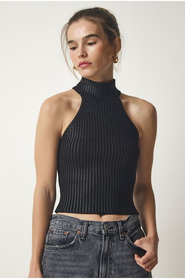 Women's Metallic Black Halter Neck Ribbed Shiny Knitwear Blouse