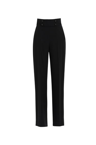 Button Detailed Embroidered Black Pants