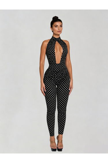 Selvaron Halterneck Dot Cutout Jumpsuit In Black