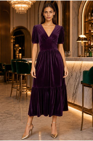Yumi Purple Velvet Midi Dress